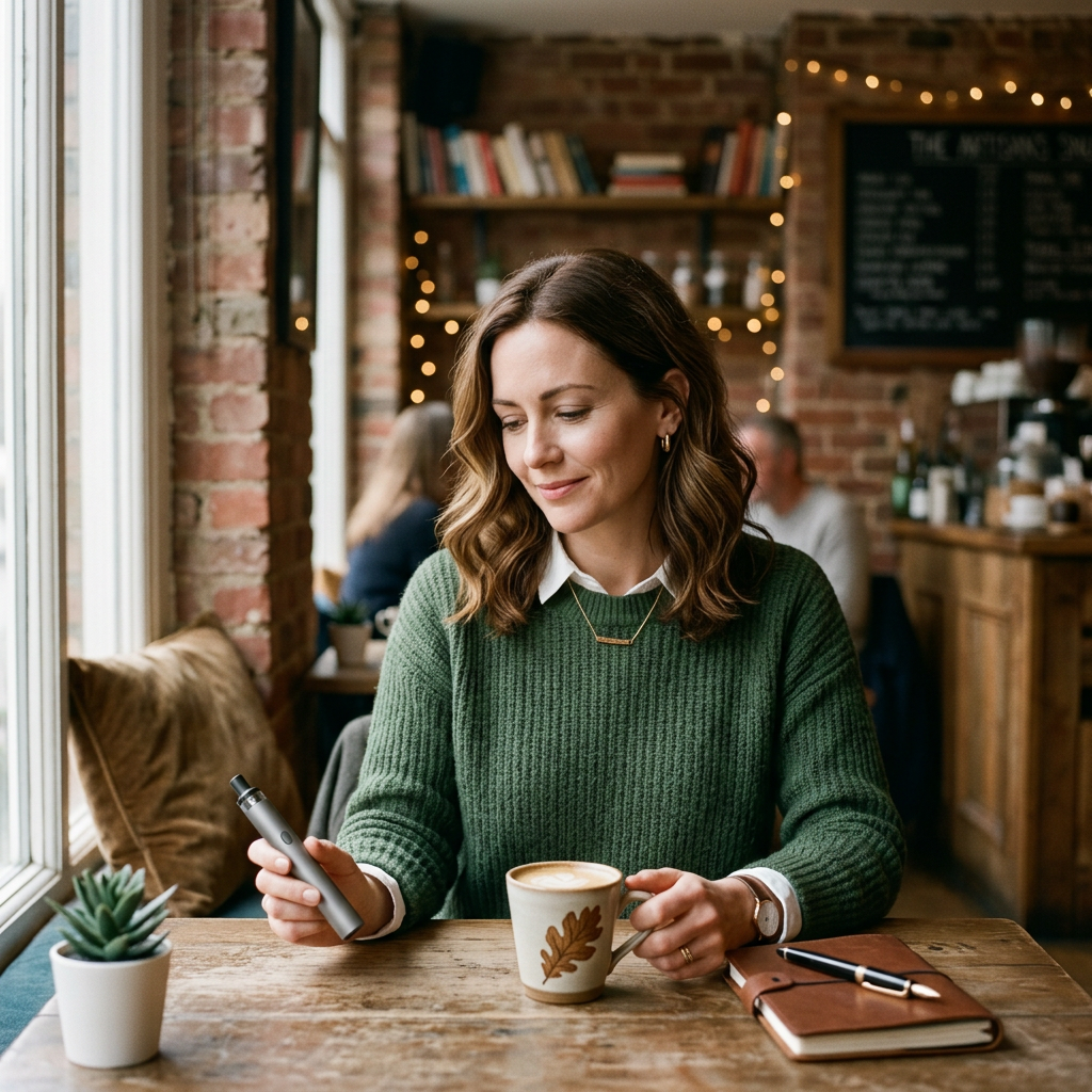 Adult holding a vape pen in a UK cafe